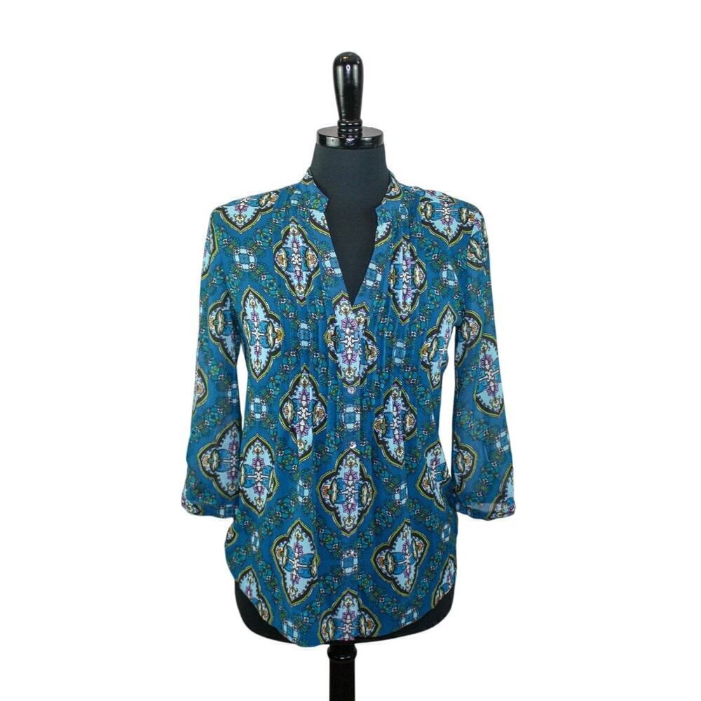 Charter Club Sheer Boho Print Blouse Pleated Button Up Jewel Tones P/P